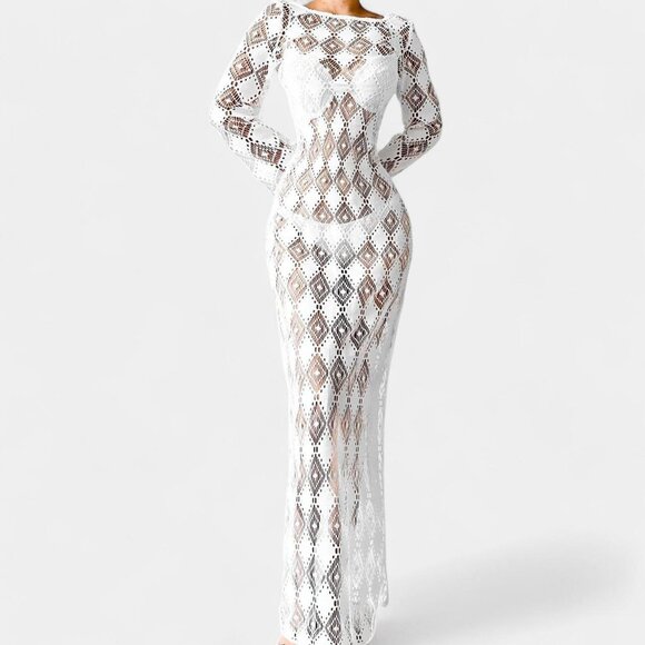 H&M White Crochet Sheer Long Sleeve Side Slit Maxi Bodycon Beach Dress Size XS/S - Picture 3 of 8